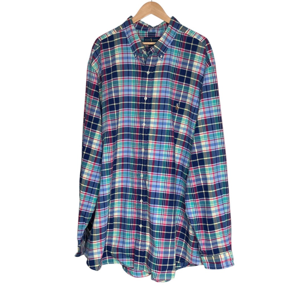 Ralph Lauren Big & Tall 3xlt Blue Green Plaid Oxford Long Sleeve Cotton Shirt